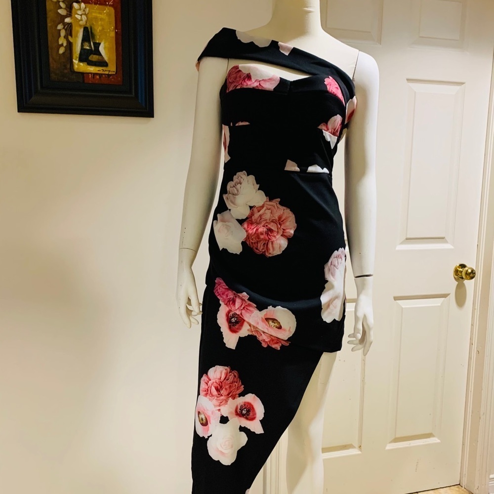 Zarga High Low Black Floral strapless dress Size L